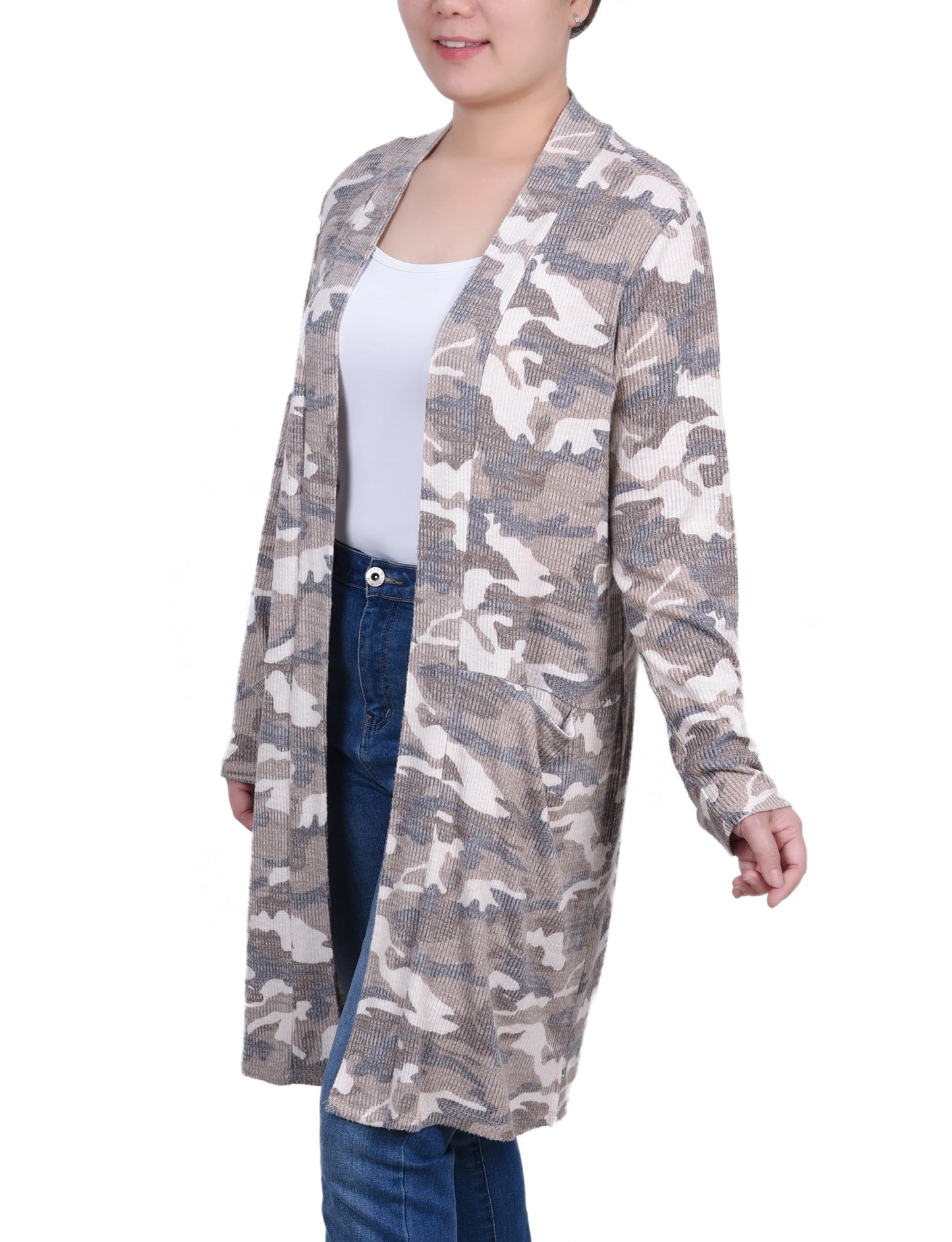 DORETHA-Tan Camo Long Sleeve Rib Knit Cardigan