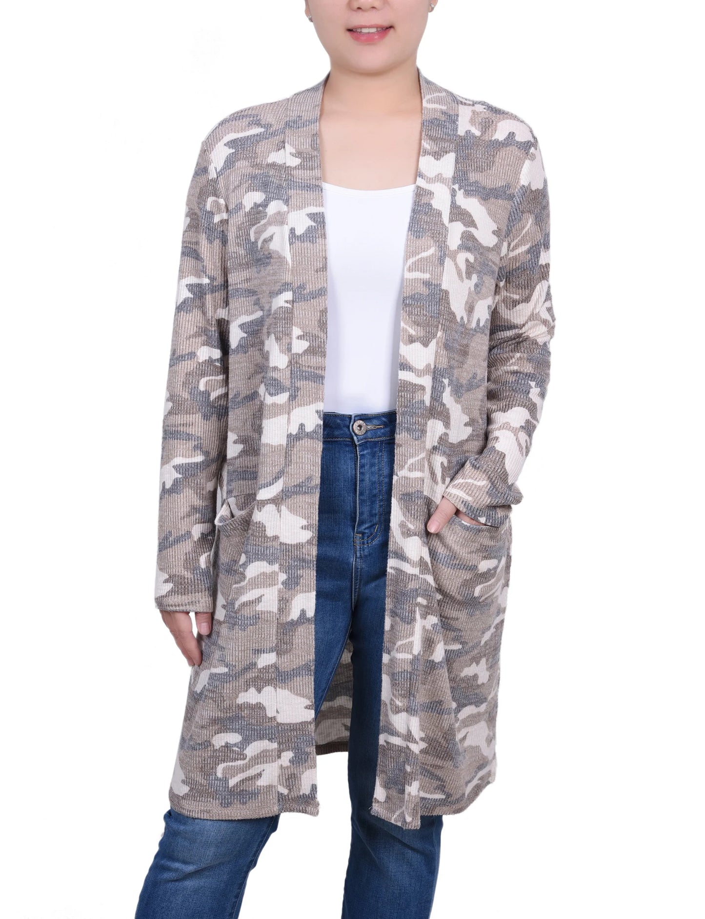 DORETHA-Tan Camo Long Sleeve Rib Knit Cardigan